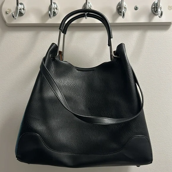 Sondra Roberts Squared Vegan Leather Tote Satchel Black Shoulder Bag Purse Large - Picture 9 of 12